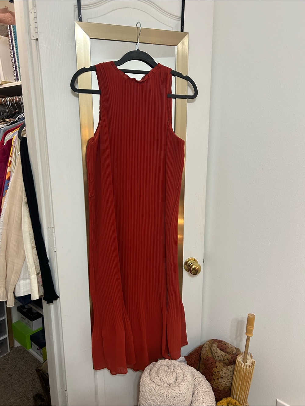 a new day - Sleeveless, High Neck, Pleated Midi Dress in Rust Red/Burnt Orange